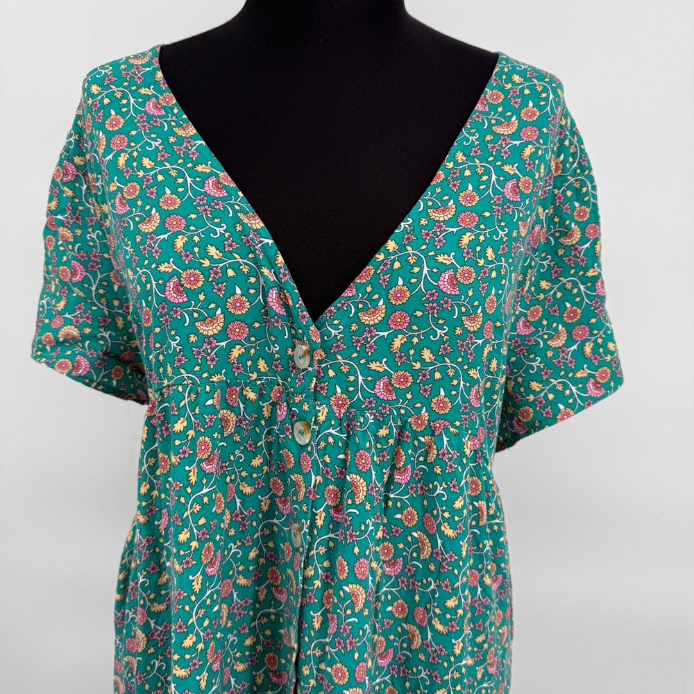 Natural Life Rebecca Womens XL Teal Floral Rayon Maxi Dress V-Neck Boho Pockets - Picture 3 of 16